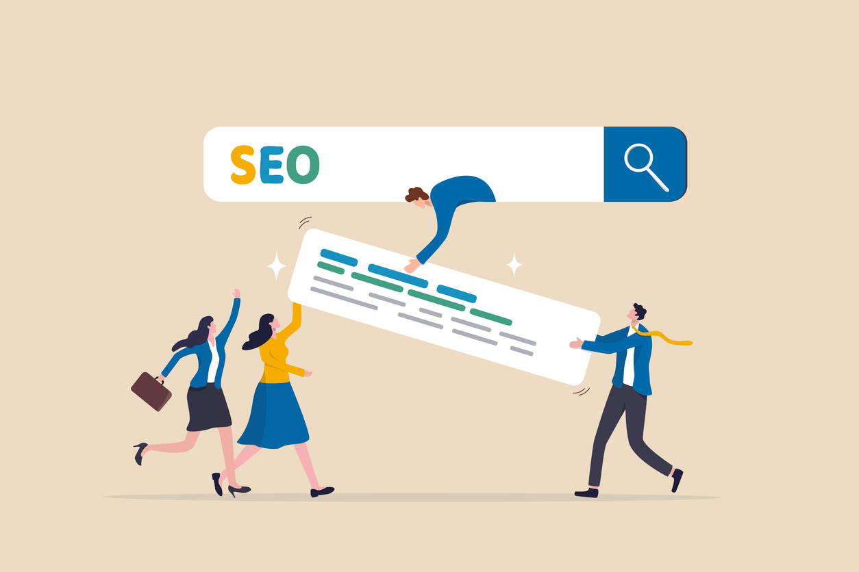 SEO, search engine optimization to help website reach top ranking in search result page, promote website or communication concept, businessman people help optimize search result to be on top of search bar.