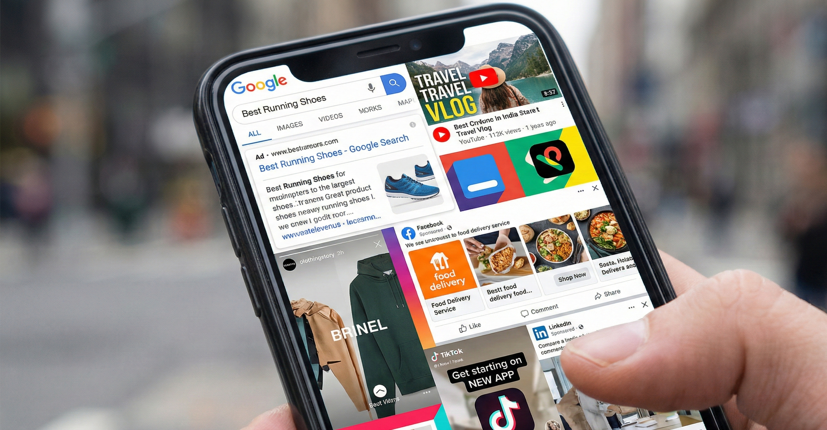 Google Ads and social ads creative collage on a phone screen representing paid media management