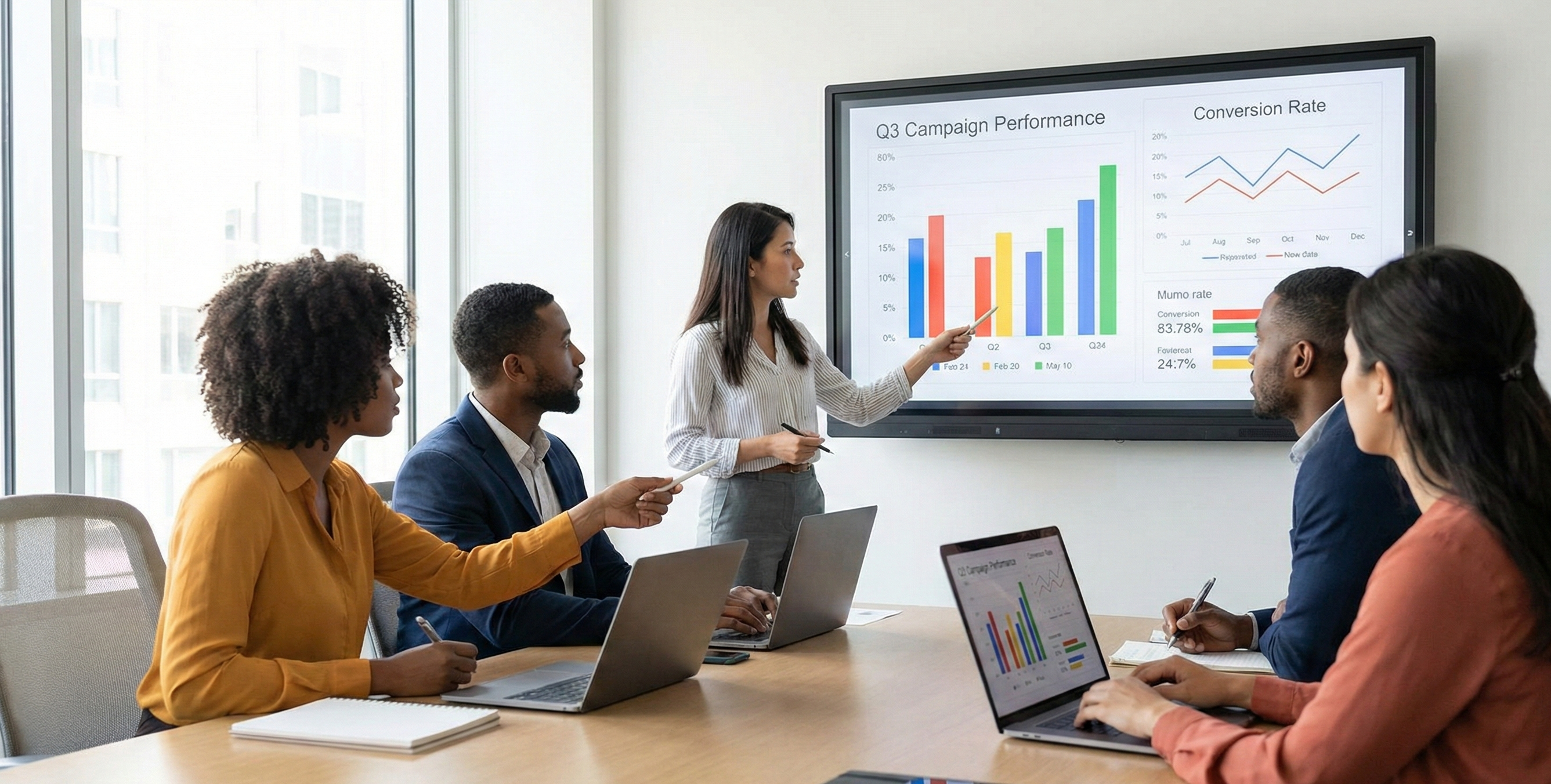 Team reviewing campaign performance charts in an office for Montreal digital marketing