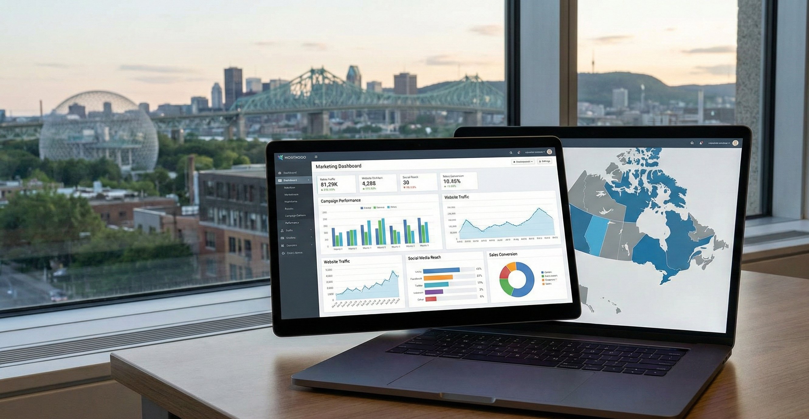 Marketing dashboard on a laptop with Montreal skyline in the background