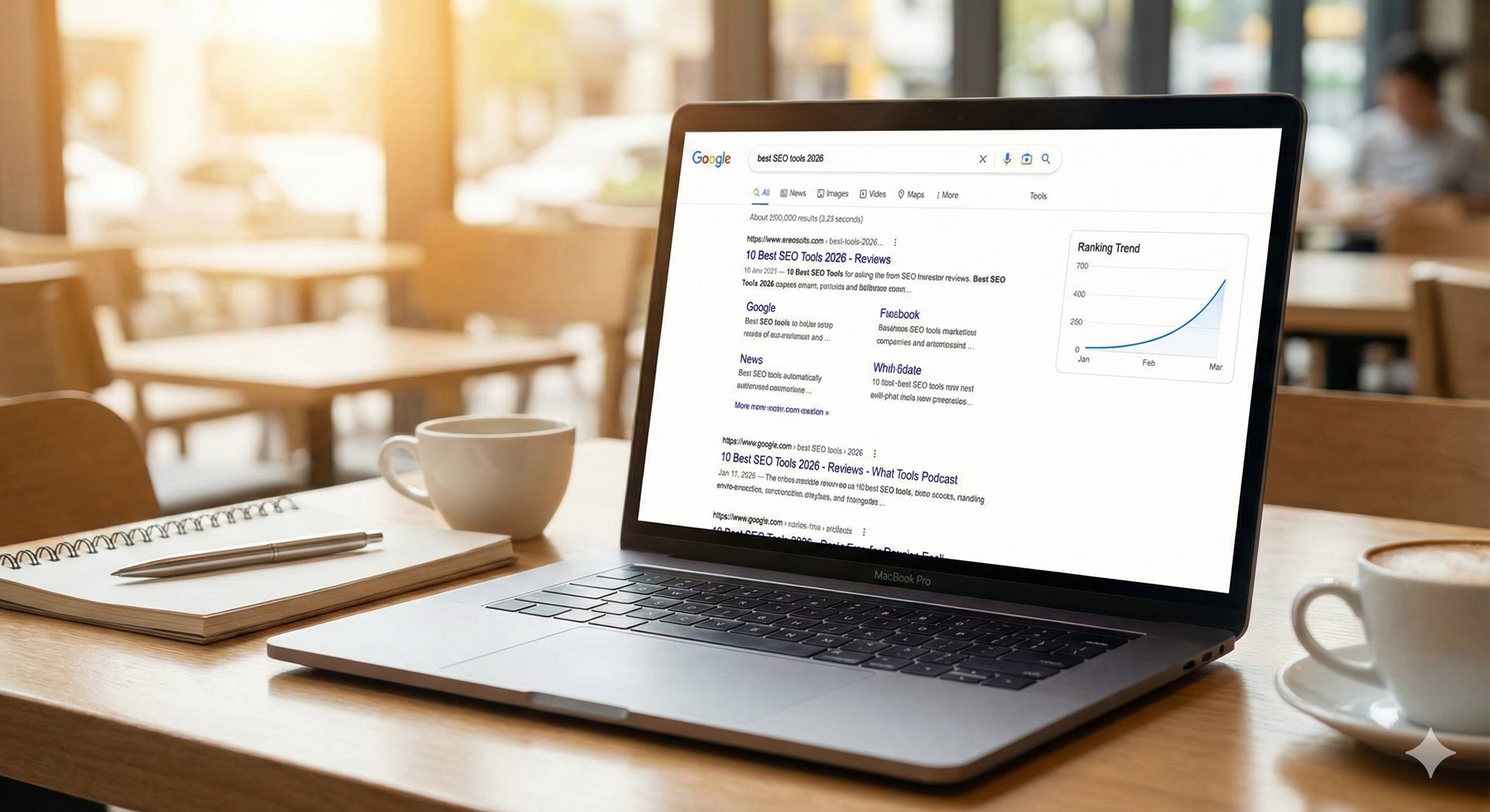 Search results and ranking trend graphic representing SEO growth in Montreal