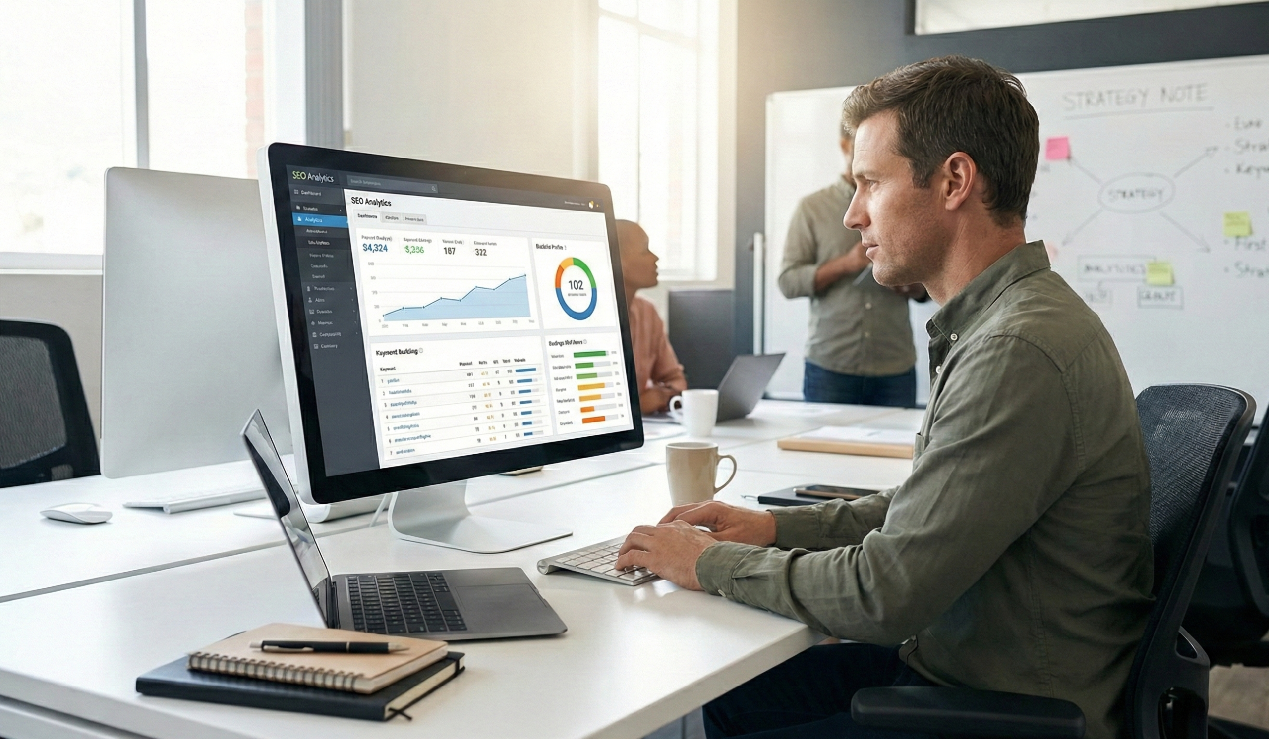 SEO expert reviewing keyword opportunities and technical improvements