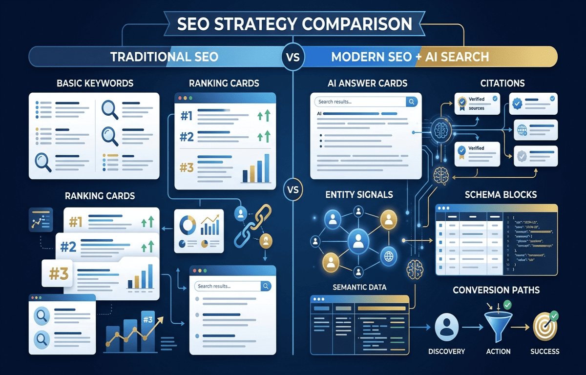Traditional SEO compared with SEO and AI search optimization