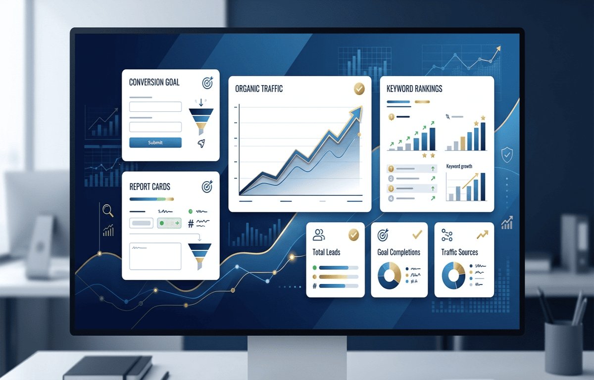 SEO performance dashboard showing organic traffic, rankings, and lead generation results