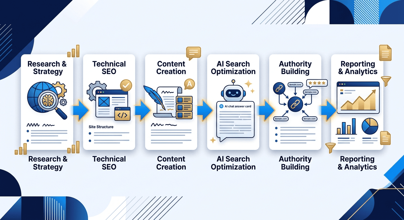 B2B SEO process covering research, technical SEO, content, AI search optimization, authority, and reporting