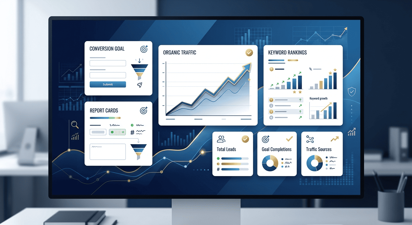 SEO performance dashboard showing organic traffic, rankings, and lead generation results