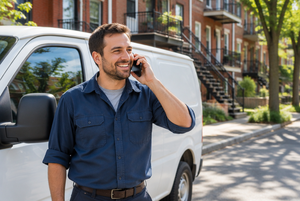 Google Ads for local service businesses in Montreal, contractor answering a call from a search ad beside his van