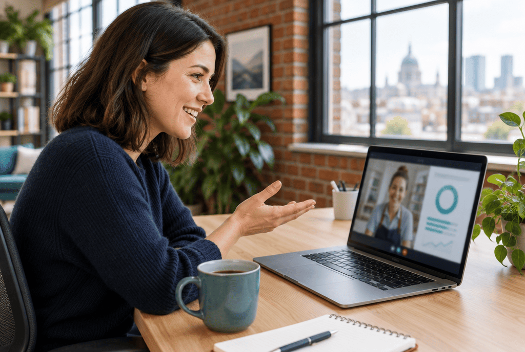 Stratège de Boost One SEO qui présente un rapport de visibilité IA à un propriétaire d’entreprise par vidéoconférence