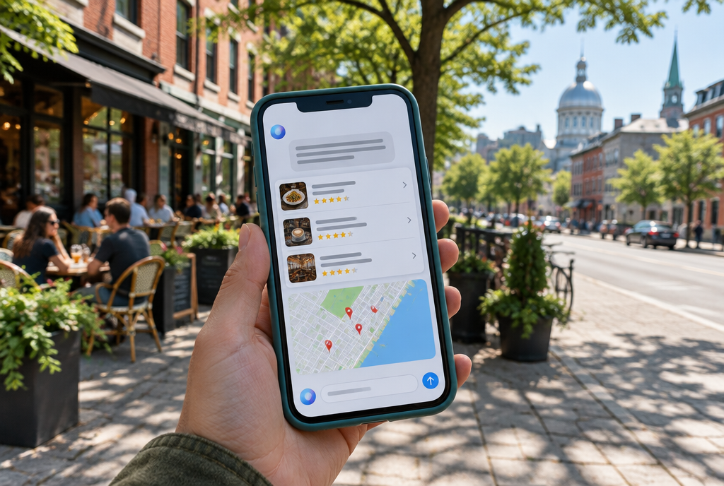 GEO pour les entreprises locales de Montr&eacute;al, client demandant une recommandation &agrave; un assistant IA dans une rue de Montr&eacute;al