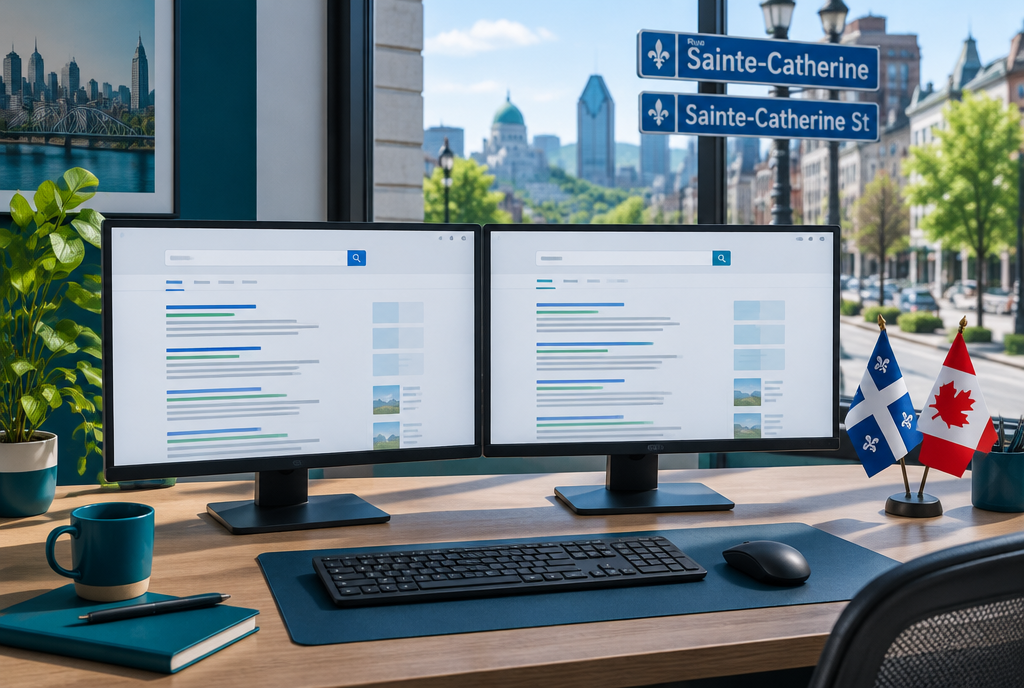 Entreprise SEO bilingue &agrave; Montr&eacute;al, r&eacute;sultats de recherche en fran&ccedil;ais et en anglais c&ocirc;te &agrave; c&ocirc;te avec les drapeaux du Qu&eacute;bec et du Canada