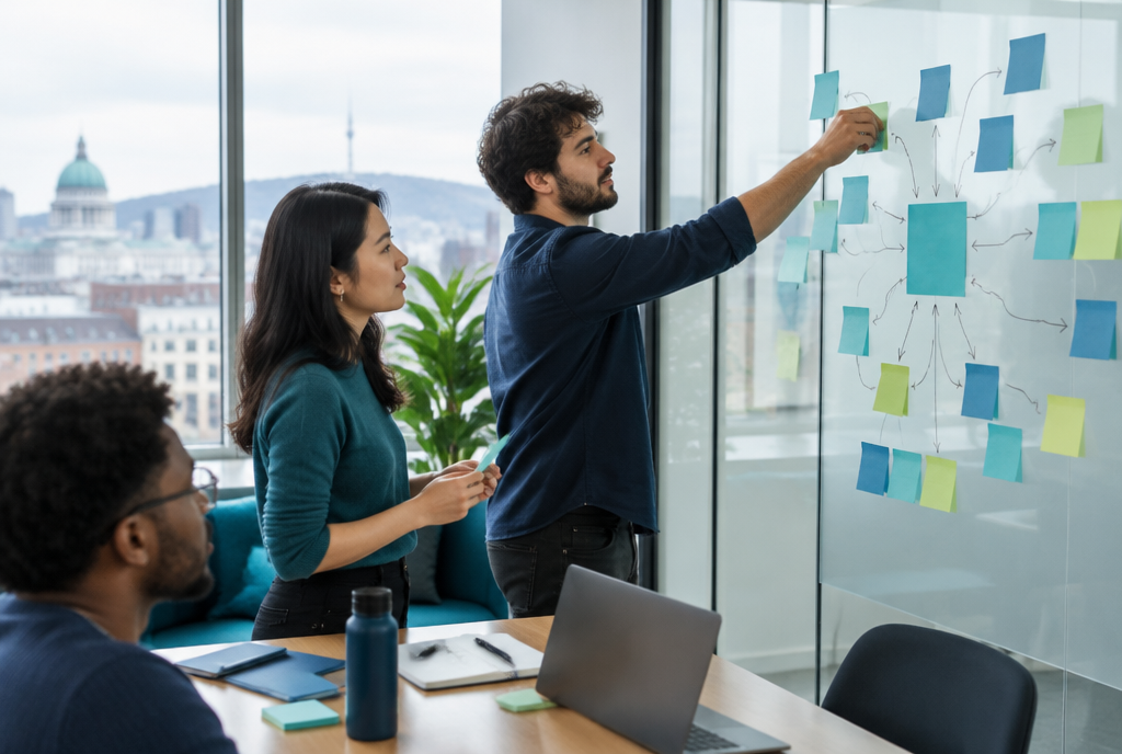 Strat&eacute;gie de contenu SEO pour les entreprises de Montr&eacute;al, &eacute;quipe cartographiant les mots-cl&eacute;s et les sujets sur un mur vitr&eacute;