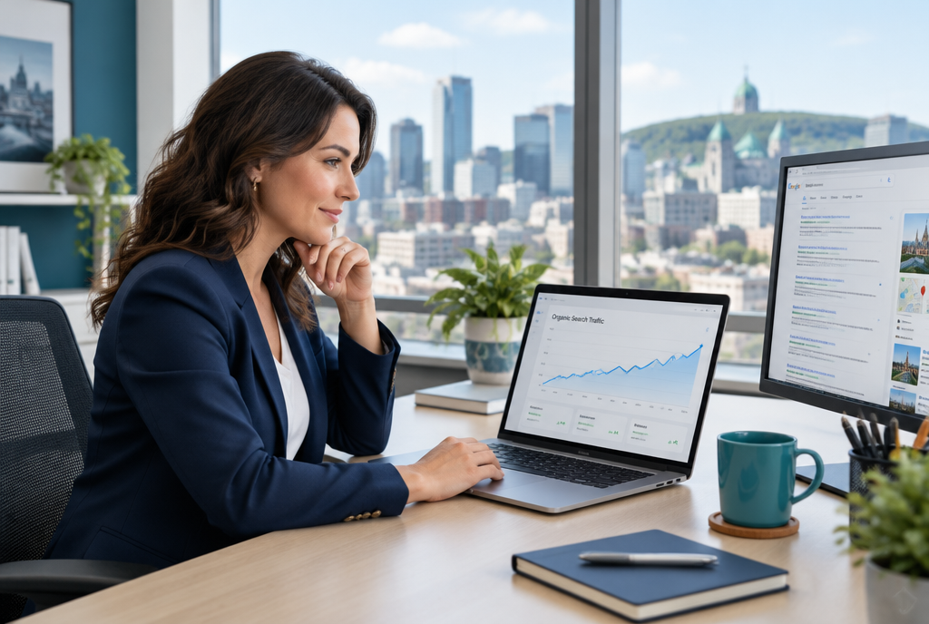 Services SEO &agrave; Montr&eacute;al, strat&egrave;ge Boost One SEO analysant la croissance du trafic organique avec l'horizon de Montr&eacute;al derri&egrave;re elle