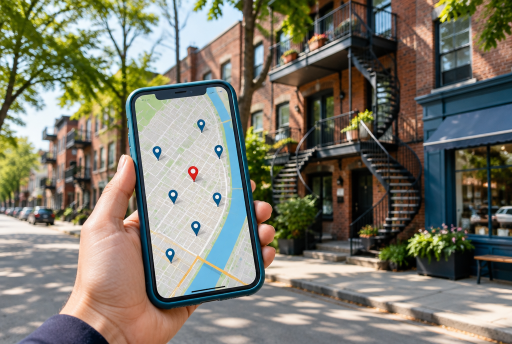 SEO local Montr&eacute;al, &eacute;pingles de carte sur un quartier de Montr&eacute;al avec ses escaliers ext&eacute;rieurs typiques