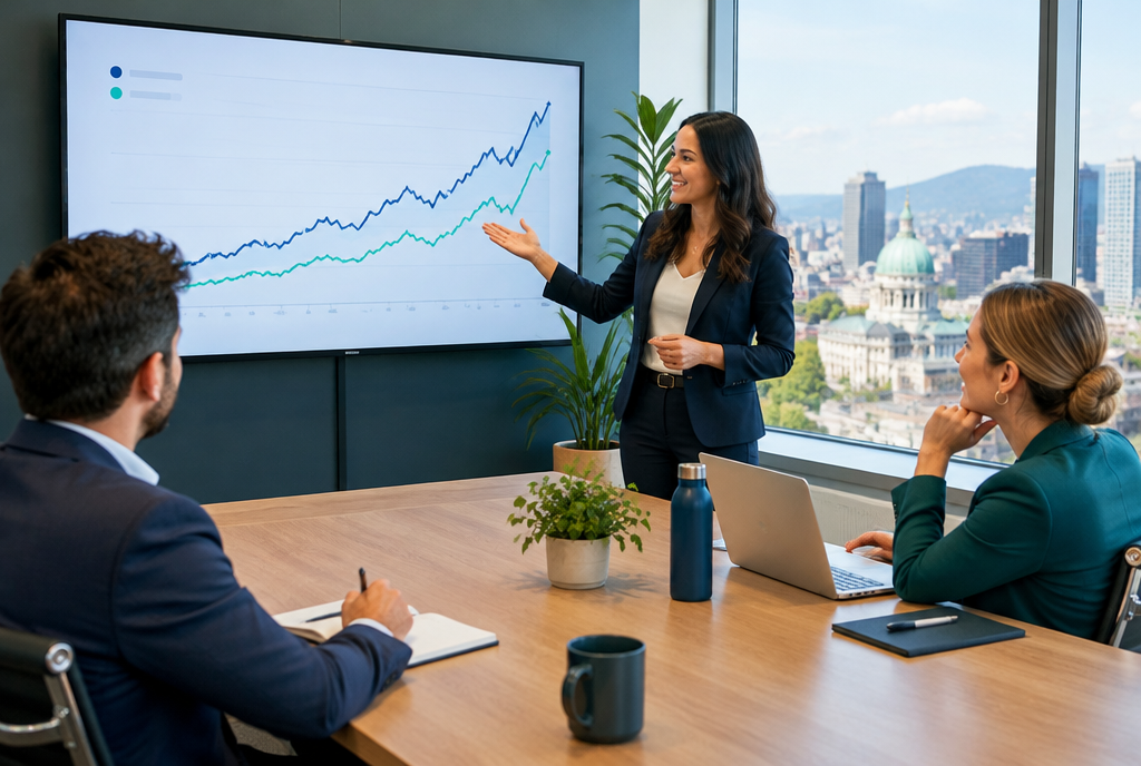 Rapports SEO pour les clients de Montr&eacute;al, r&eacute;union de r&eacute;vision avec clics et impressions organiques en croissance &agrave; l'&eacute;cran