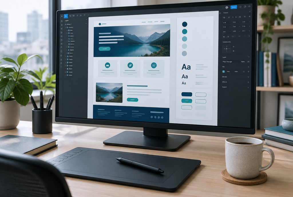 Design de site Web &agrave; Montr&eacute;al, bureau d'un designer d'interface avec une mise en page aux couleurs marine et sarcelle de la marque