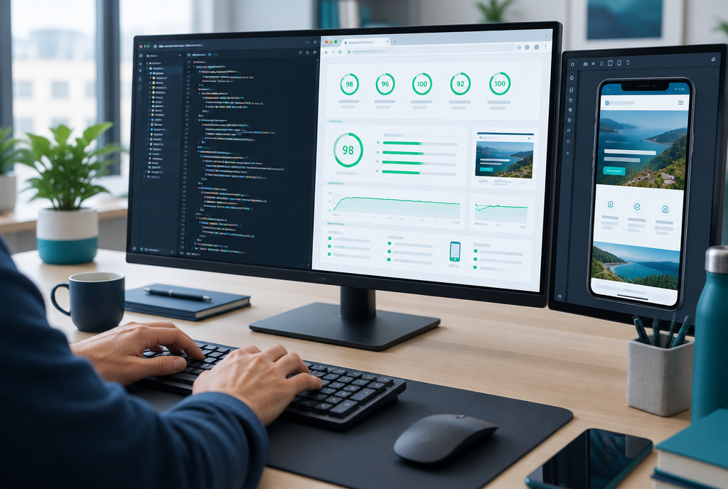 D&eacute;veloppement de site Web &agrave; Montr&eacute;al, d&eacute;veloppeur b&acirc;tissant une page rapide avec des scores de performance verts &agrave; l'&eacute;cran