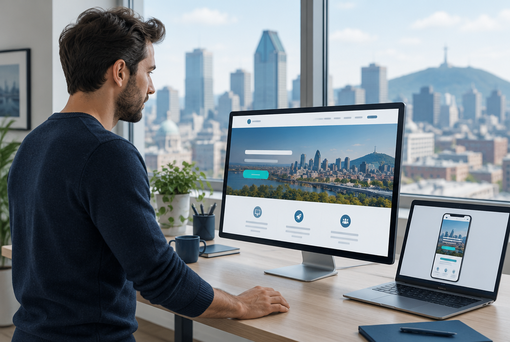 Agence de conception Web &agrave; Montr&eacute;al, designer de Boost One SEO r&eacute;visant un nouveau site d'entreprise sur un &eacute;cran et un aper&ccedil;u mobile avec l'horizon de Montr&eacute;al derri&egrave;re lui