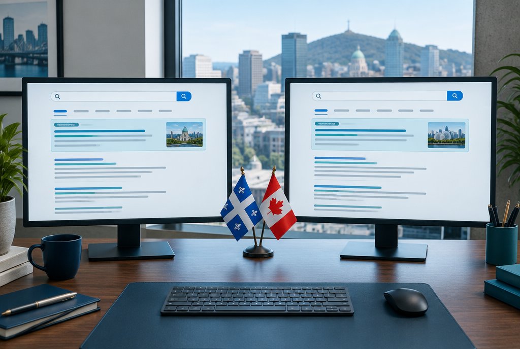Campagnes Google Ads bilingues &agrave; Montr&eacute;al, r&eacute;sultats commandit&eacute;s en fran&ccedil;ais et en anglais c&ocirc;te &agrave; c&ocirc;te avec les drapeaux du Qu&eacute;bec et du Canada