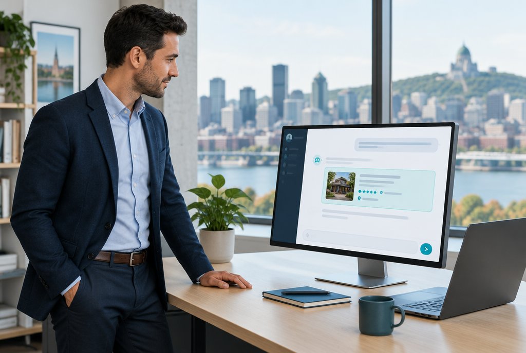 Agence d'optimisation pour les moteurs g&eacute;n&eacute;ratifs &agrave; Montr&eacute;al, strat&egrave;ge examinant un assistant IA qui recommande une entreprise locale avec l'horizon de Montr&eacute;al derri&egrave;re lui