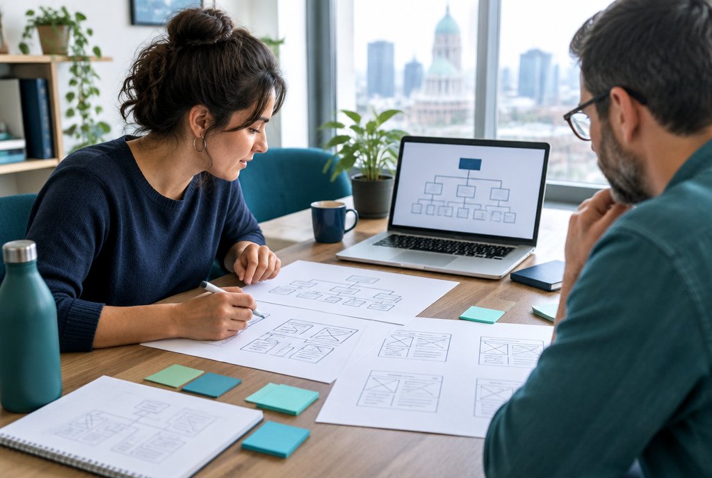 Website planning in Montreal, designer and client sketching a site map and page wireframes